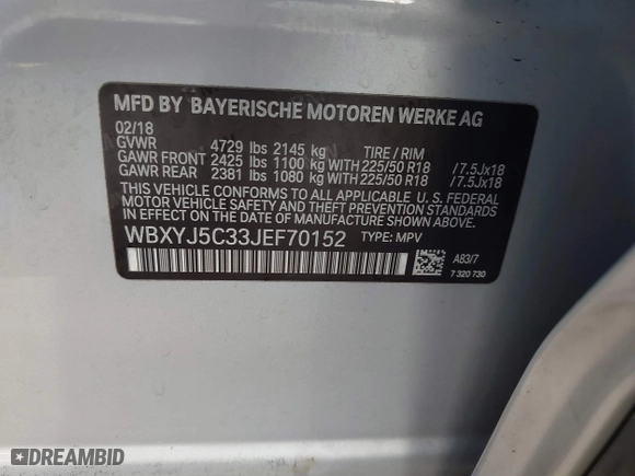 2018 BMW X2 xDrive28i with VIN WBXYJ5C33JEF70152, listed as a IAAI auction lot 42048693 with 177,488 mi miles. Bid and sale history available at carsss.com. Image 9.