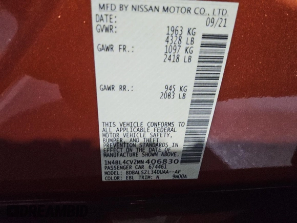 2021 Nissan Altima 2.5 SR with VIN 1N4BL4CV2MN406830, listed as a Copart auction lot 77873524 with 75,460 mi miles and Clean Title. Bid and sale history available at carsss.com. Image 13.