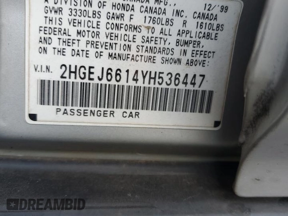 2000 Honda Civic VP z VIN 2HGEJ6614YH536447, wystawiony jako Copart lot #46506085 z przebiegiem 302 724 mil mil oraz Szkoda całkowita • Salvage title. Historia ofert i sprzedaży dostępna na DreamBid. Obrazek 12.