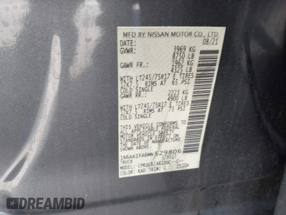 2021 Nissan Titan SV with VIN 1N6AA1FA6MN529806, listed as a IAAI auction lot 41859992 with 50,729 mi miles and . Bid and sale history available at DreamBid. Image 9.
