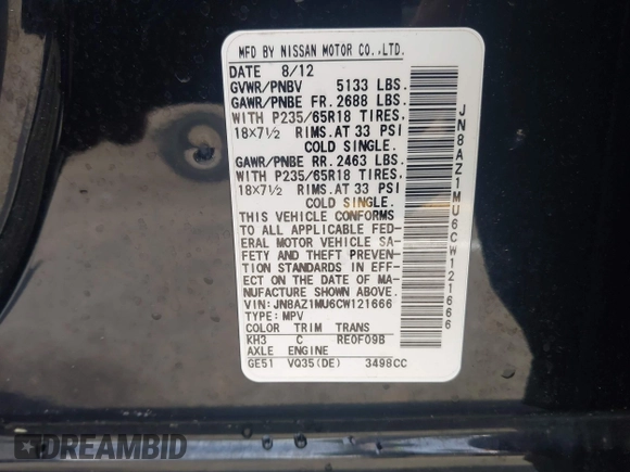 2012 Nissan Murano S with VIN JN8AZ1MU6CW121666, listed as a IAAI auction lot 41911631 with 114,851 mi miles and . Bid and sale history available at carsss.com. Image 9.