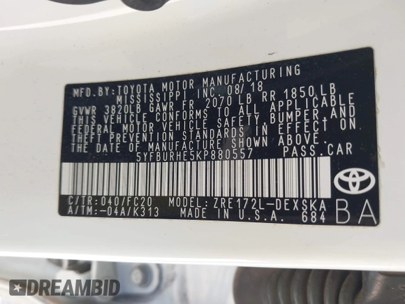 2019 Toyota Corolla L with VIN 5YFBURHE5KP880557, listed as a IAAI auction lot 41898199 with 83,003 mi miles and . Bid and sale history available at DreamBid. Image 9.