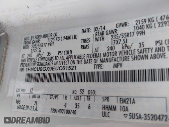 2014 Ford Escape SE with VIN 1FMCU9GX9EUC61521, listed as a IAAI auction lot 42535244 with 129,315 mi miles and . Bid and sale history available at DreamBid. Image 9.