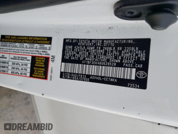 2011 Toyota Camry LE with VIN 4T1BF3EK4BU629528, listed as a Copart auction lot 54338335 with 234,173 mi miles and Salvage Title. Bid and sale history available at DreamBid. Image 12.
