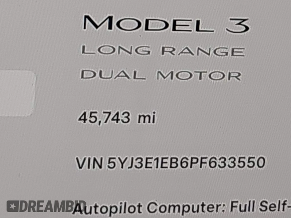 2023 Tesla Model 3 Long Range with VIN 5YJ3E1EB6PF633550, listed as a IAAI auction lot 41861278 with 45,743 mi miles and . Bid and sale history available at DreamBid. Image 15.