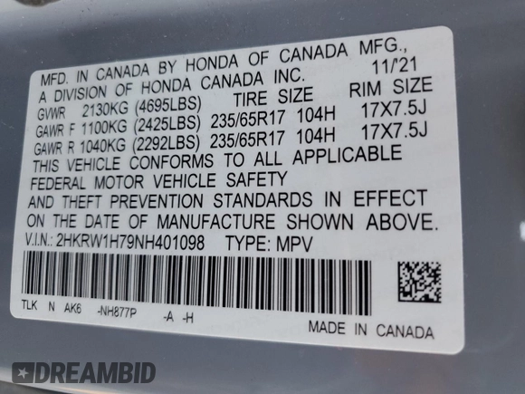 2022 Honda CR-V Special Edition with VIN 2HKRW1H79NH401098, listed as a Copart auction lot 87868535 with 0 mi miles and Salvage Title. Bid and sale history available at carsss.com. Image 13.