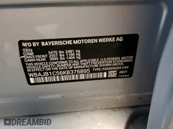 2019 BMW 5 Series 530e xDrive with VIN WBAJB1C56KB376895, listed as a Copart auction lot 74907304 with 58,783 mi miles and Salvage title. Bid and sale history available at DreamBid. Image 14.