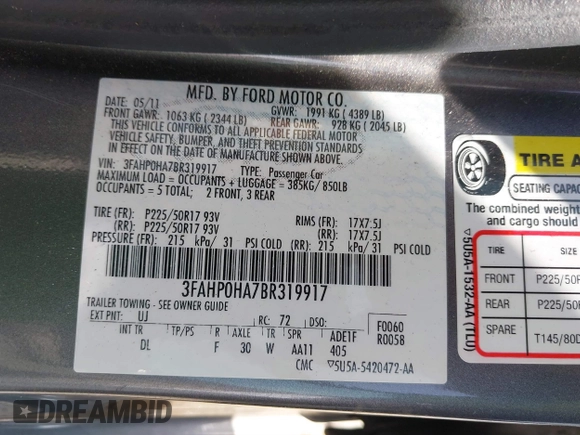 2011 Ford Fusion SE with VIN 3FAHP0HA7BR319917, listed as a IAAI auction lot 41845471 with 115,071 mi miles. Bid and sale history available at carsss.com. Image 9.