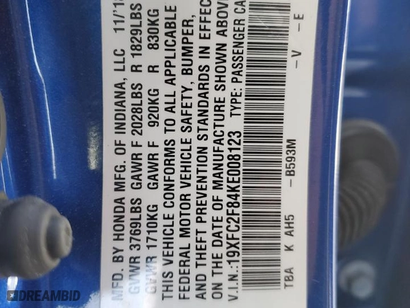 2019 Honda Civic Sedan Sport with VIN 19XFC2F84KE008123, listed as a Copart auction lot 48911895 with 112,196 mi miles and Salvage Title. Bid and sale history available at carsss.com. Image 13.