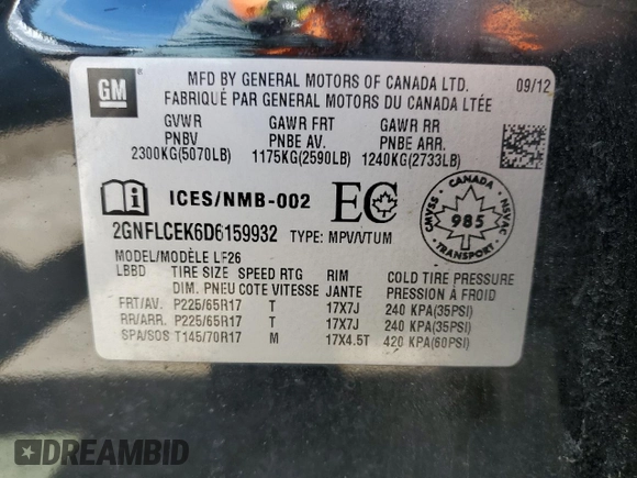 2013 Chevrolet Equinox LS z VIN 2GNFLCEK6D6159932, wystawiony jako Copart lot #56021385 z przebiegiem 97 321 mil mil oraz Szkoda całkowita • Salvage title. Historia ofert i sprzedaży dostępna na DreamBid. Obrazek 13.