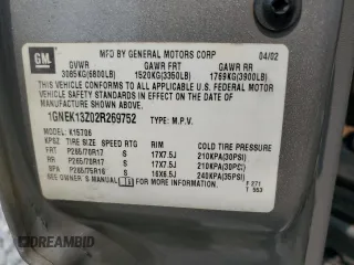 2002 Chevrolet Tahoe Z71 z VIN 1GNEK13Z02R269752, wystawiony jako Copart lot #59030705 z przebiegiem 342 433 mil mil oraz Szkoda całkowita • Salvage title. Historia ofert i sprzedaży dostępna na DreamBid. Obrazek 13.