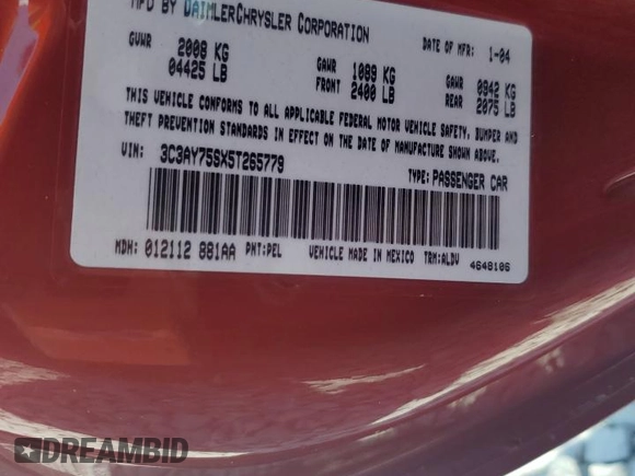 2005 Chrysler PT Cruiser GT with VIN 3C3AY75SX5T265779, listed as a Copart auction lot 51463755 with Not provided miles and Salvage title. Bid and sale history available at DreamBid. Image 14.