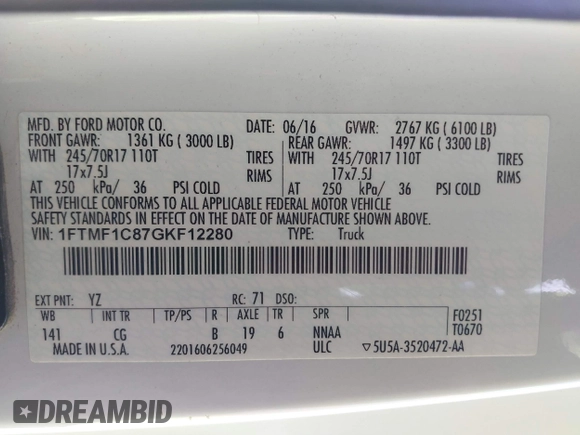 2016 Ford F-150 XL с VIN 1FTMF1C87GKF12280, выставлен на аукционе IAAI как лот 42673673 с пробегом 280 675 миль миль и . История ставок и продаж доступна на DreamBid. Изображение 9.