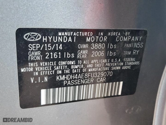 2015 Hyundai Elantra Limited with VIN KMHDH4AE8FU329070, listed as a Copart auction lot 52380395 with 130,054 mi miles and Salvage Title. Bid and sale history available at carsss.com. Image 12.