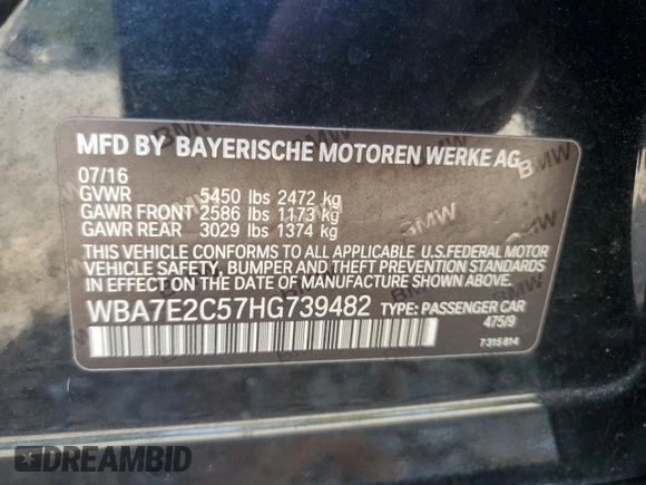 2017 BMW 7 Series 740i with VIN WBA7E2C57HG739482, listed as a Copart auction lot 53652145 with 102,418 mi miles and Salvage title. Bid and sale history available at DreamBid. Image 13.