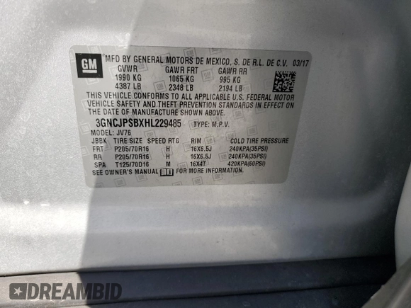 2017 Chevrolet Trax LT with VIN 3GNCJPSBXHL229485, listed as a Copart auction lot 48957505 with 73,141 mi miles and Salvage Title. Bid and sale history available at carsss.com. Image 13.
