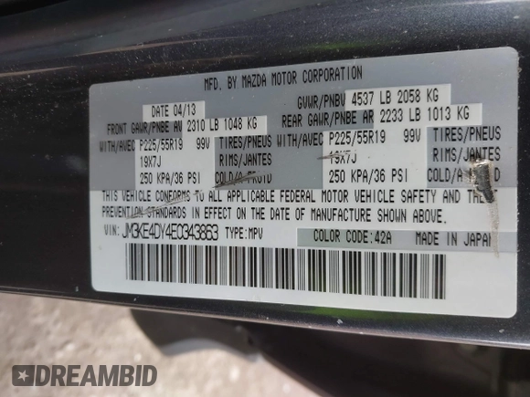 2014 Mazda CX-5 Grand Touring with VIN JM3KE4DY4E0343863, listed as a IAAI auction lot 41770402 with 117,615 mi miles. Bid and sale history available at carsss.com. Image 9.