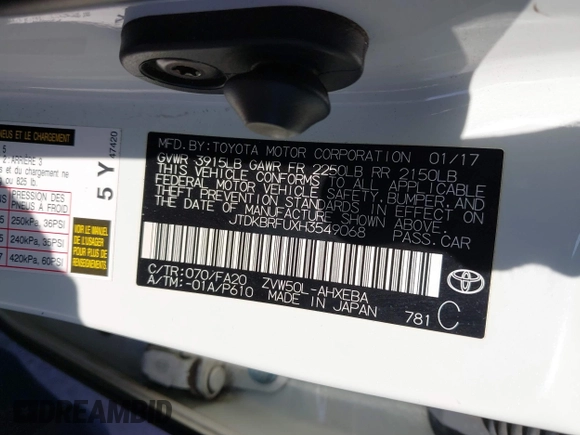 2017 Toyota Prius Two with VIN JTDKBRFUXH3549068, listed as a IAAI auction lot 41652285 with 112,044 mi miles. Bid and sale history available at carsss.com. Image 9.