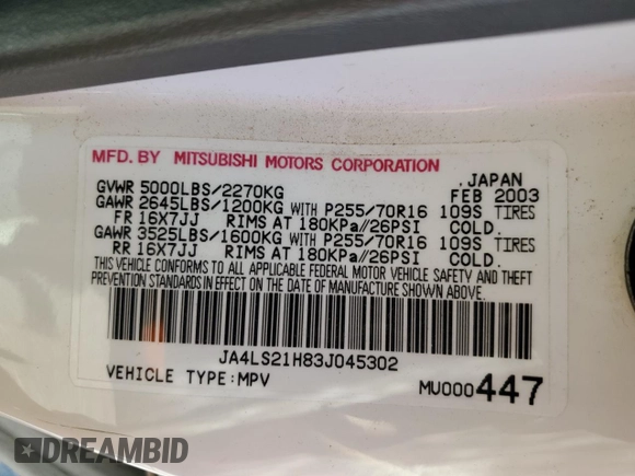 2003 Mitsubishi Montero ES z VIN JA4LS21H83J045302, wystawiony jako Copart lot #50039415 z przebiegiem 166 335 mil mil oraz Szkoda całkowita • Salvage title. Historia ofert i sprzedaży dostępna na DreamBid. Obrazek 13.