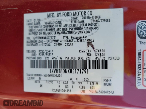 2008 Ford Mustang Deluxe with VIN 1ZVHT80NX85171791, listed as a Copart auction lot 54191105 with 167,800 mi miles and Clean Title. Bid and sale history available at carsss.com. Image 12.