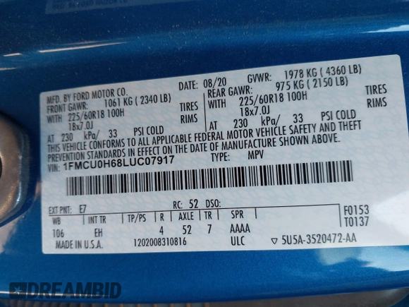 2020 Ford Escape SEL with VIN 1FMCU0H68LUC07917, listed as a IAAI auction lot 42448554 with Not provided miles and . Bid and sale history available at DreamBid. Image 9.