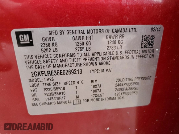 2014 GMC Terrain SLE with VIN 2GKFLRE36E6269213, listed as a Copart auction lot 47966185 with 87,880 mi miles and Salvage title. Bid and sale history available at DreamBid. Image 14.