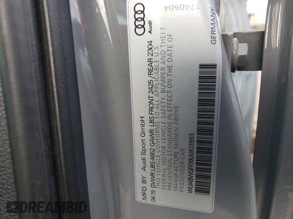 2019 Audi RS 3 z VIN WUABWGFFXKA903963, wystawiony jako Copart lot #59592684 z przebiegiem Nie podano mil oraz Czysty tytuł • Clean title. Historia ofert i sprzedaży dostępna na DreamBid. Obrazek 12.