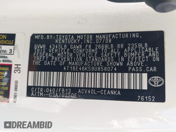 2009 Toyota Camry with VIN 4T1BE46K59U858074, listed as a IAAI auction lot 42201126 with 118,875 mi miles and . Bid and sale history available at DreamBid. Image 9.