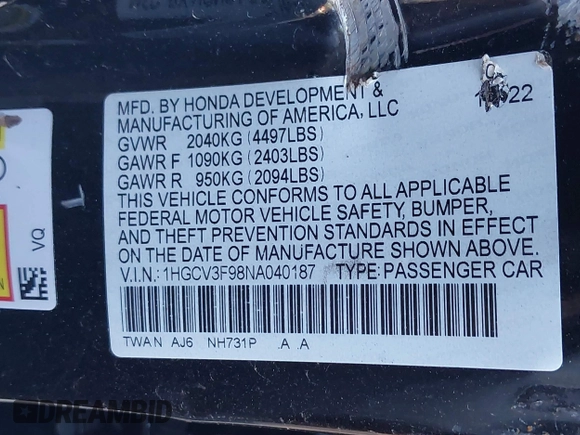 2022 Honda Accord Touring with VIN 1HGCV3F98NA040187, listed as a IAAI auction lot 38557958 with Not provided miles and . Bid and sale history available at DreamBid. Image 9.