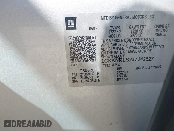 2018 GMC Acadia SLE with VIN 1GKKNRLS2JZ242527, listed as a IAAI auction lot 42556611 with 157,946 mi miles and . Bid and sale history available at DreamBid. Image 9.