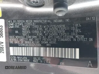 2012 Toyota Sienna XLE AAS with VIN 5TDYK3DCXCS251984, listed as a IAAI auction lot 42235046 with 126,404 mi miles and . Bid and sale history available at DreamBid. Image 9.