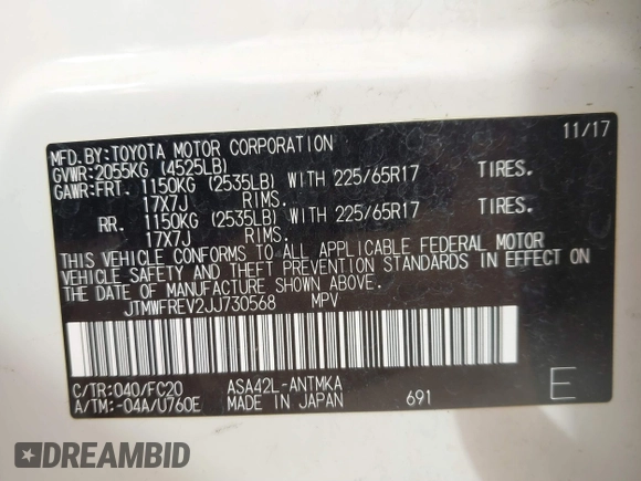 2018 Toyota RAV4 XLE with VIN JTMWFREV2JJ730568, listed as a IAAI auction lot 41814302 with 108,622 mi miles and . Bid and sale history available at DreamBid. Image 9.
