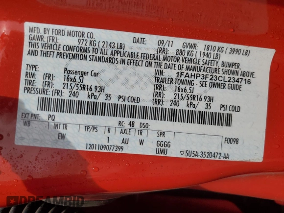 2012 Ford Focus SE with VIN 1FAHP3F23CL234716, listed as a Copart auction lot 55239455 with 165,233 mi miles and Clean Title. Bid and sale history available at DreamBid. Image 12.