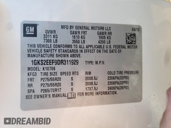 2013 GMC Yukon Denali with VIN 1GKS2EEF9DR311929, listed as a Copart auction lot 63810874 with 122,356 mi miles and Salvage Title. Bid and sale history available at carsss.com. Image 14.
