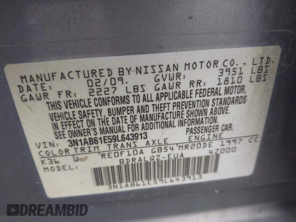 2009 Nissan Sentra S with VIN 3N1AB61E59L643913, listed as a IAAI auction lot 42066172 with 236,917 mi miles and . Bid and sale history available at DreamBid. Image 9.
