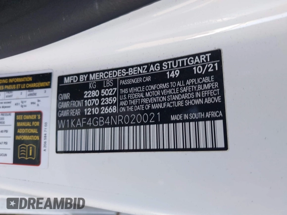 2022 Mercedes-Benz C 300 with VIN W1KAF4GB4NR020021, listed as a IAAI auction lot 41412120 with 14,430 mi miles and . Bid and sale history available at DreamBid. Image 9.