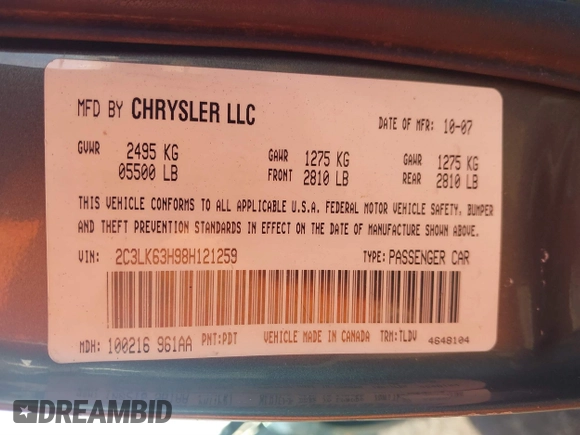 2008 Chrysler 300 C with VIN 2C3LK63H98H121259, listed as a IAAI auction lot 41780856 with 129,466 mi miles and . Bid and sale history available at carsss.com. Image 8.