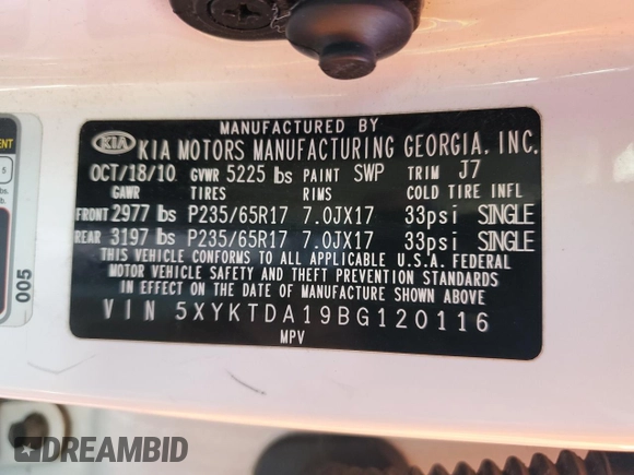 2011 Kia Sorento LX with VIN 5XYKTDA19BG120116, listed as a Copart auction lot 54369425 with 134,791 mi miles and Salvage Title. Bid and sale history available at DreamBid. Image 12.