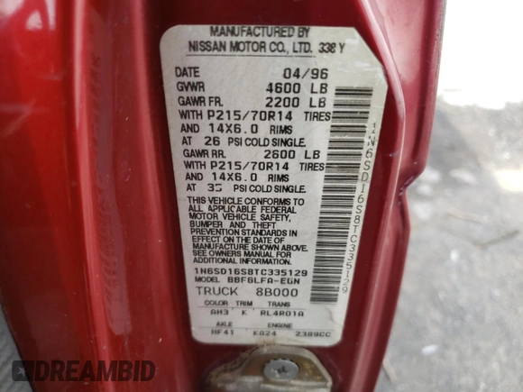 1996 Nissan Frontier XE with VIN 1N6SD16S8TC335129, listed as a Copart auction lot 55884495 with 313,757 mi miles and Salvage title. Bid and sale history available at DreamBid. Image 12.
