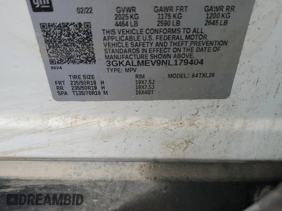 2022 GMC Terrain SLE with VIN 3GKALMEV9NL179404, listed as a Copart auction lot 55949255 with 63,840 mi miles and Salvage title. Bid and sale history available at DreamBid. Image 13.