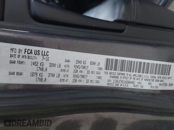 2017 Jeep Grand Cherokee Laredo with VIN 1C4RJFAG1HC604461, listed as a IAAI auction lot 42685509 with 143,462 mi miles and . Bid and sale history available at DreamBid. Image 9.