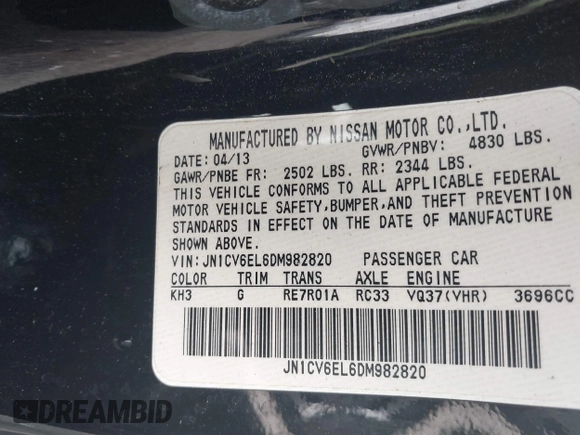 2013 Infiniti G37 x with VIN JN1CV6EL6DM982820, listed as a IAAI auction lot 41741777 with Not Provided miles. Bid and sale history available at carsss.com. Image 9.