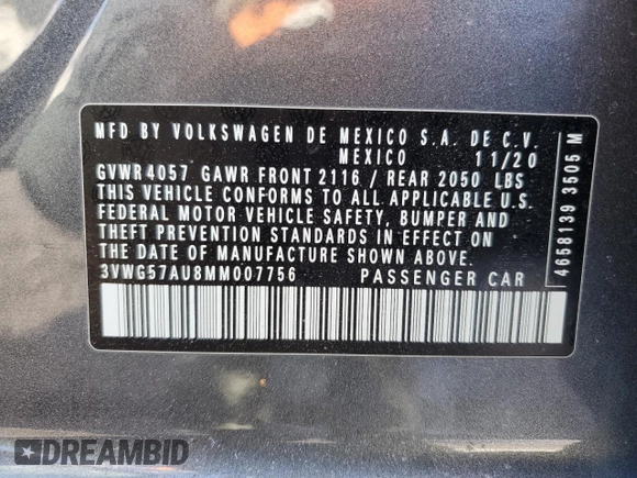 2021 Volkswagen Golf TSI z VIN 3VWG57AU8MM007756, wystawiony jako Copart lot #48037885 z przebiegiem 56 452 mil mil oraz Szkoda całkowita • Salvage title. Historia ofert i sprzedaży dostępna na DreamBid. Obrazek 12.