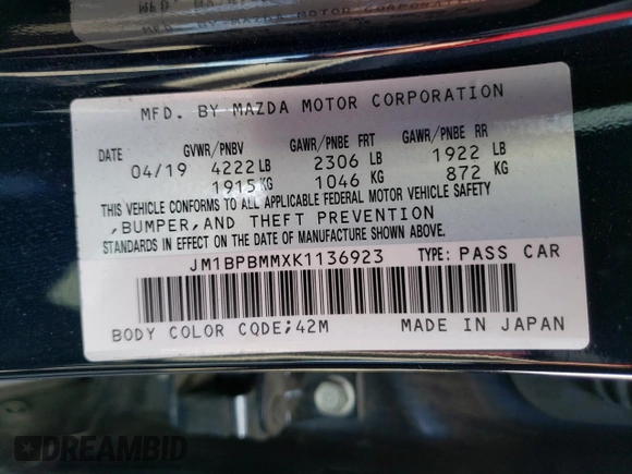 2019 Mazda Mazda3 Hatchback w/Preferred Pkg with VIN JM1BPBMMXK1136923, listed as a Copart auction lot 45404943 with 22,801 mi miles. Bid and sale history available at carsss.com. Image 12.