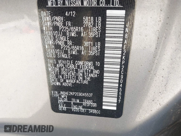 2012 Nissan Quest S z VIN JN8AE2KP2C9045537, wystawiony jako IAAI lot #41540112 z przebiegiem 147 424 mil mil oraz . Historia ofert i sprzedaży dostępna na DreamBid. Obrazek 9.