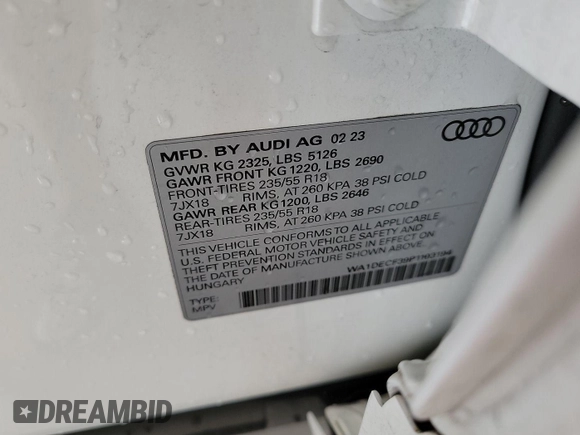 2023 Audi Q3 S line Premium with VIN WA1DECF39P1103194, listed as a IAAI auction lot 42734533 with 44,347 mi miles and . Bid and sale history available at DreamBid. Image 7.