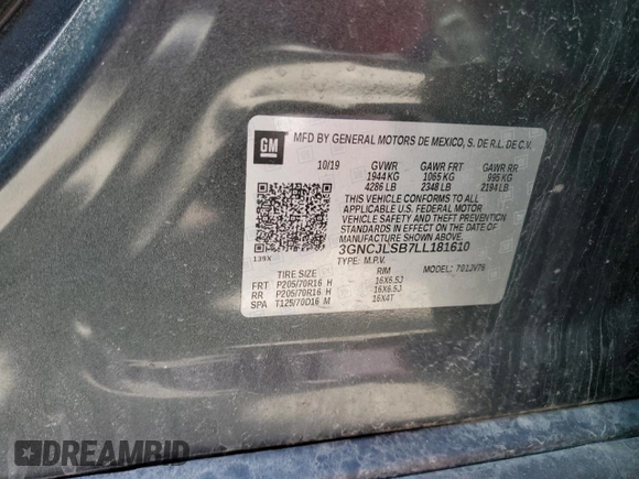 2020 Chevrolet Trax LT with VIN 3GNCJLSB7LL181610, listed as a Copart auction lot 53856625 with 0 mi miles and Salvage Title. Bid and sale history available at carsss.com. Image 13.