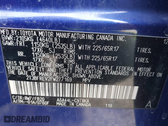 2015 Toyota RAV4 LE z VIN 2T3BFREV2FW277169, wystawiony jako IAAI lot #41781005 z przebiegiem 137 243 mil mil oraz . Historia ofert i sprzedaży dostępna na DreamBid. Obrazek 9.