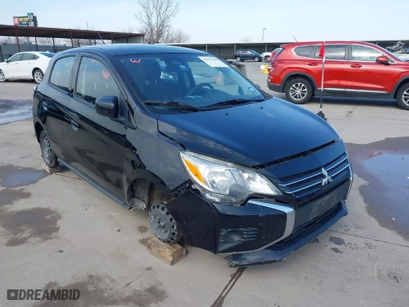 2021 Mitsubishi Mirage ES with VIN ML32AUHJ9MH010403, listed as a IAAI auction lot 41573106 with 54677 miles. Bid and sale history available at carsss.com. Image 1.