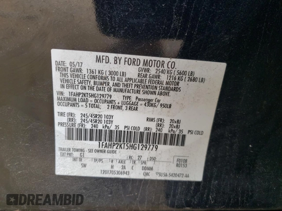 2017 Ford Taurus SHO z VIN 1FAHP2KT5HG129779, wystawiony jako Copart lot #58891315 z przebiegiem 168 244 mil mil oraz Szkoda całkowita • Salvage title. Historia ofert i sprzedaży dostępna na DreamBid. Obrazek 12.